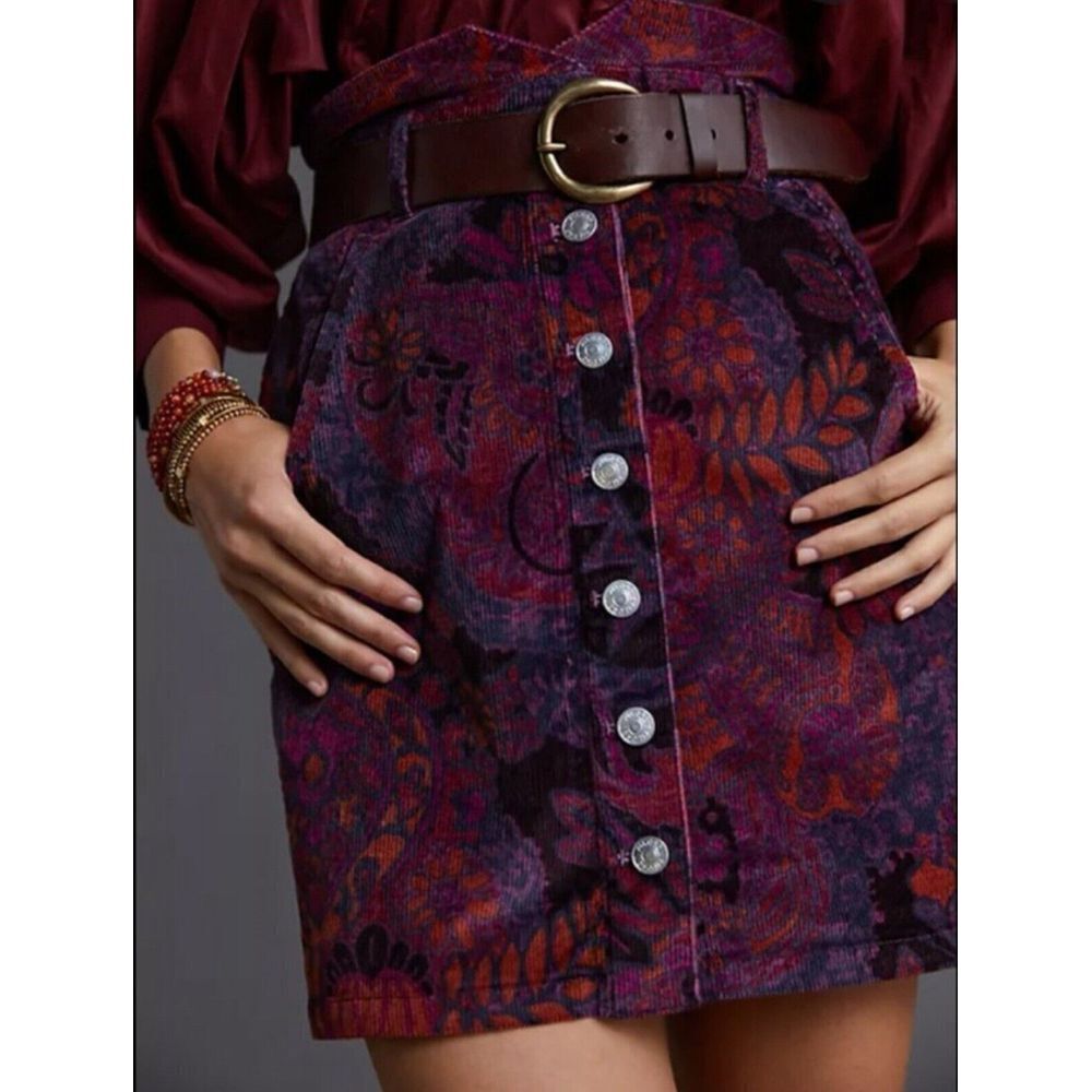 Anthropologie Pilcro Corduroy Mini Skirt Floral Paisley Boho Hippie Sz 4